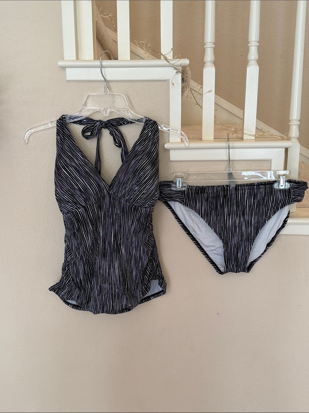 La Blanca Black & White Striped Halter Tankini set